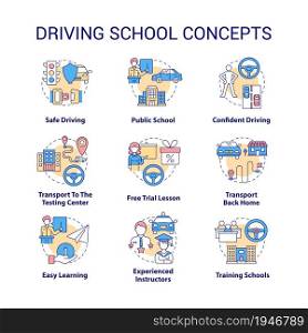 Driving school concept icons set. Car riding education idea thin line color illustrations. Learning road signs and rules. Drivers license. Vector isolated outline drawings. Editable stroke. Driving school concept icons set