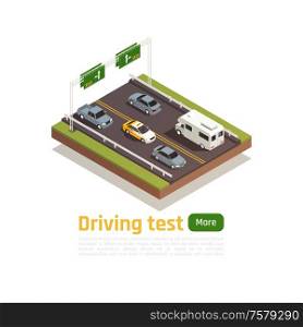Driving school isometric composition with editable text more button and images of motorway with training vehicle vector illustration