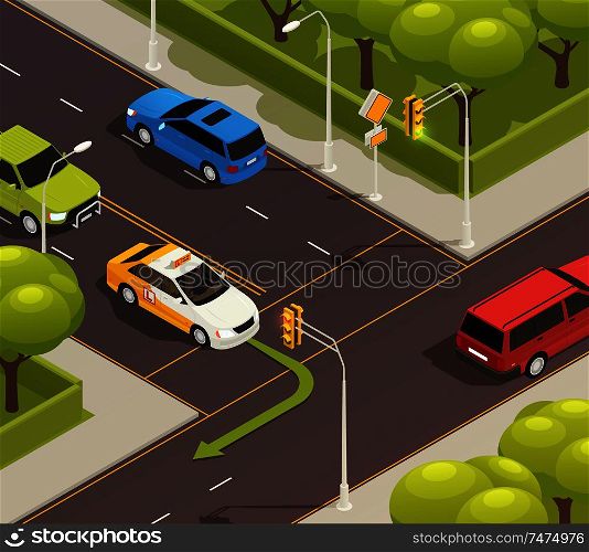 Driving school isometric composition with outdoor scenery of urban road intersection with training car and arrow vector illustration