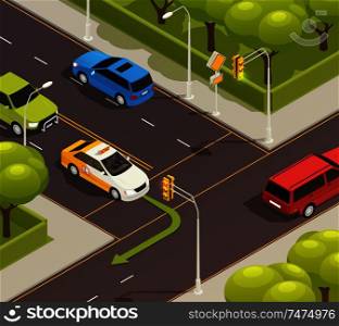 Driving school isometric composition with outdoor scenery of urban road intersection with training car and arrow vector illustration