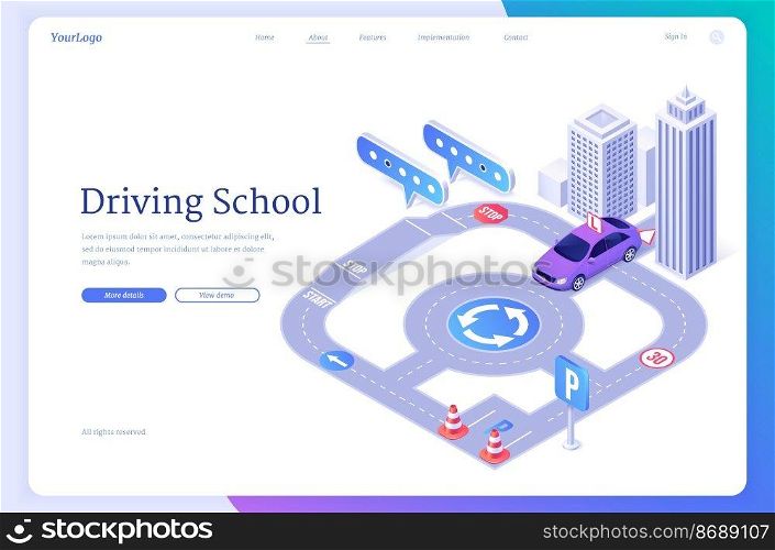 Driving school isometric landing page, student driver pass exam on training car at city road with traffic cones, ring, parking zone and markup. Education program for license, 3d vector web banner. Driving school isometric landing, driver pass exam