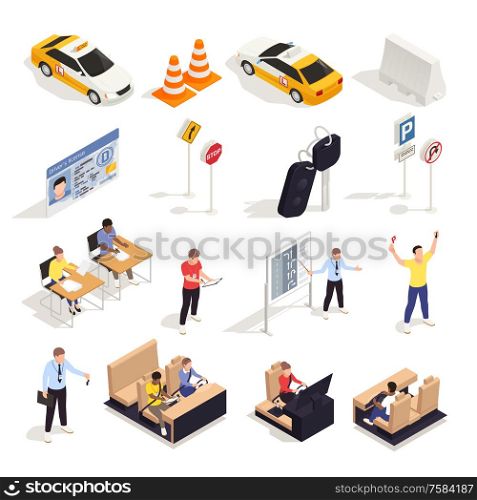 Driving school isometric set with isolated icons of traffic signs characters of students desks and cars vector illustration. Isometric Drive School Icons