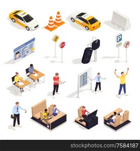 Driving school isometric set with isolated icons of traffic signs characters of students desks and cars vector illustration. Isometric Drive School Icons
