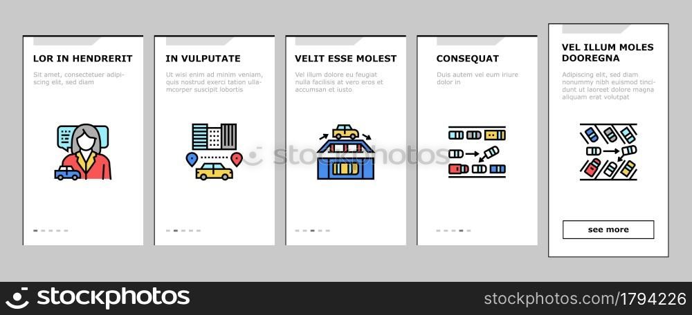 Driving School Lesson Onboarding Mobile App Page Screen Vector. Driving School Educational Material And Test, Diagonal And Parallel Parking Teach Instructor Illustrations. Driving School Lesson Onboarding Icons Set Vector
