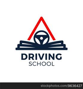 Driving school logo book car wheel road sign Vector Image