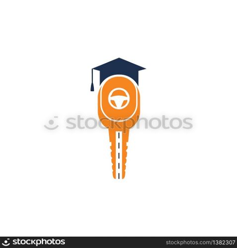 Driving school logo design. Car key with road, steering wheel and graduation cap icon.