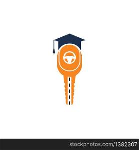 Driving school logo design. Car key with road, steering wheel and graduation cap icon.