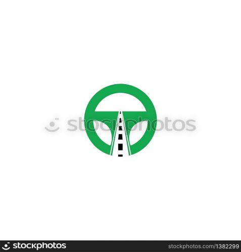Driving school logo design. Steering wheel and road icon.