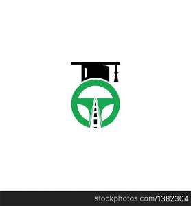 Driving school logo design. Steering wheel with road and graduation cap icon.