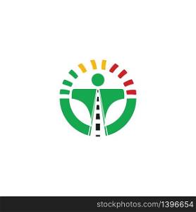 Driving school logo design. Steering wheel with road and speedometer logo.