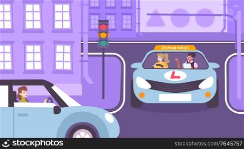 Driving school practice background with exam symbols flat vector illustration
