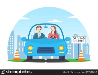 Driving School with Education Process of Car Training and Learning to Drive to Get Drivers License in Flat Cartoon Hand Drawn Templates Illustration