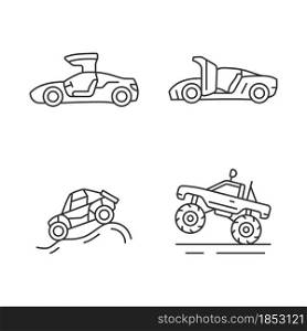 Driving specially-modified vehicles linear icons set. Hinge mechanism. Off road racing. Monster truck. Customizable thin line contour symbols. Isolated vector outline illustrations. Editable stroke. Driving specially-modified vehicles linear icons set