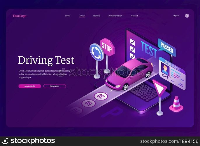 Driving test banner. Education in driver school, online quiz and pass exam. Vector landing page with isometric illustration of laptop with test, car on road, traffic cone, signs and id card. Driving test banner with driver license and car