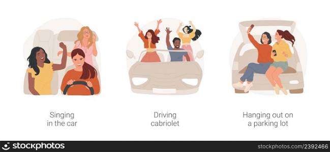 Driving the first car isolated cartoon vector illustration set. Diverse teenage girls singing in the car, driving cabriolet, fun ride, young friends hanging out on parking lot vector cartoon.. Driving the first car isolated cartoon vector illustration set.