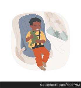 Driving to kindergarten isolated cartoon vector illustration. Child on a back seat holding a toy, car seat for toddler, driving with kids, way to kindergarten, family routine vector cartoon.. Driving to kindergarten isolated cartoon vector illustration.