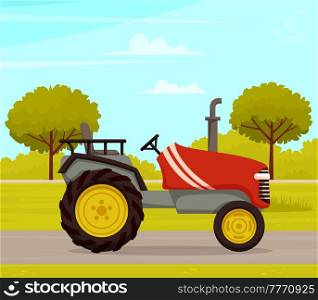 Driving tractor on road near meadow on nature landscape. Driving red tractor, agrimotor cabin. Agriculture driver profession harvesting and cultivation in summer in countryside. Tractor on the road near the meadow. Farmer siting in agrimotor on nature landscape