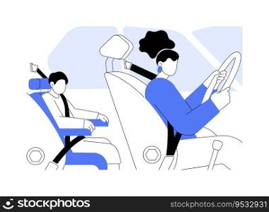 Driving with kids abstract concept vector illustration. Smiling little boy sitting in child car seat when mother driving, personal transport safety, steering with kids abstract metaphor.. Driving with kids abstract concept vector illustration.