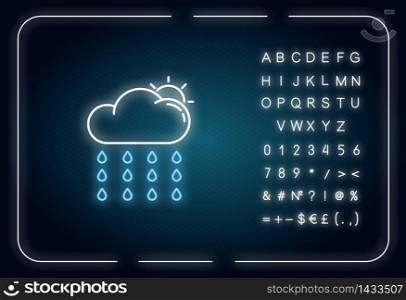 Drizzle neon light icon. Outer glowing effect. Rainy season, summer rain, meteorology sign with alphabet, numbers and symbols. Sun behind raining cloud vector isolated RGB color illustration. Drizzle neon light icon