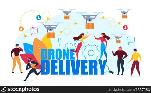 Drone Air Delivery. Cartoon People Recieve Cardboard Box Vector Illustration. Internet Shopping, Online Store Express Shipping Service. Multicopter Device Fast Transportation. Flying Quadcopter. Drone Delivery Fast Transportation Air Shipping
