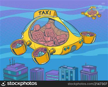 Drone air taxi, autopilot city transport. Helicopter of the future. Pop Art Retro Vector Illustration 50s 60s Vintage kitsch Style. Drone air taxi, autopilot city transport. Helicopter of the future