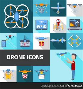 Drone and radio control flying gadgets flat icons set isolated vector illustration. Drone Icons Set
