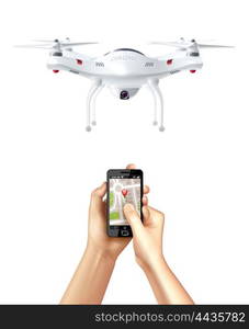 Drone And Smartphone With Navigation App. Unmanned drone and smartphone with navigation app in human hands realistic concept vector illustration