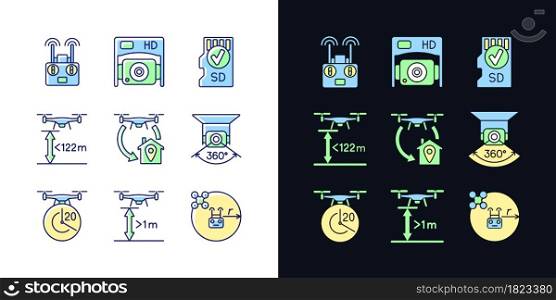 Drone care light and dark theme RGB color manual label icons set. Flight height. Isolated vector illustrations on white and black space. Simple filled line drawings pack for product use instructions. Drone care light and dark theme RGB color manual label icons set