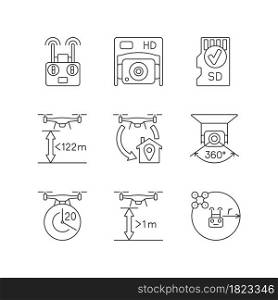 Drone care linear manual label icons set. Quadcopter control. Flight height. Customizable thin line contour symbols. Isolated vector outline illustrations for product use instructions. Editable stroke. Drone care linear manual label icons set