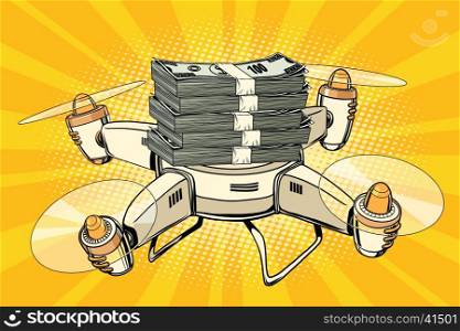 Drone copter with bundles of money, pop art retro comic book illustration. Business and Finance
