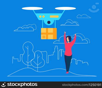Drone Deliver Box Parcel to Young Woman Consumer Character on Blue Background with Outline City and Nature Elements. Shopping, E- Commerce Technology. Express Delivery Cartoon Flat Vector Illustration. Drone Deliver Box Parcel to Young Woman Consumer