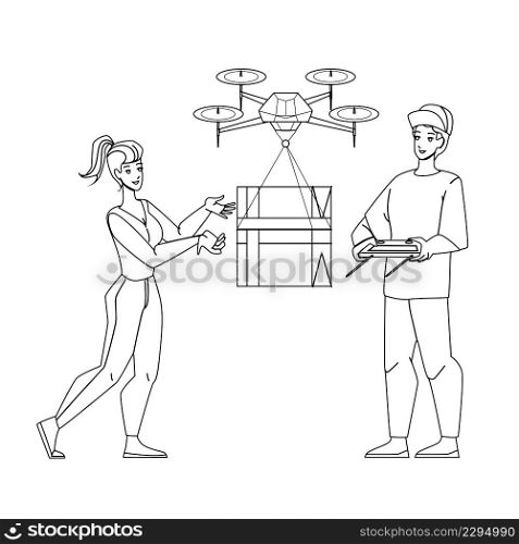 drone delivery box. robot package service. Black Line Pencil Drawing Vector. fast truck. future paracel order character web Illustration. drone delivery vector