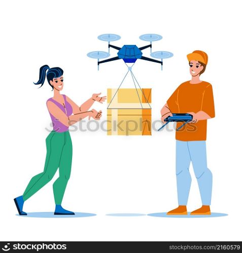 drone delivery box. robot package service. fast truck. future paracel order character web flat cartoon illustration. drone delivery vector