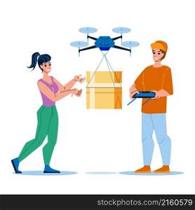 drone delivery box. robot package service. fast truck. future paracel order character web flat cartoon illustration. drone delivery vector