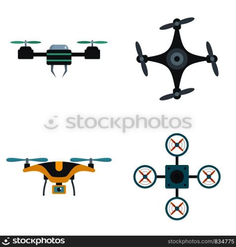 Drone delivery camera quadcopter icons set. Flat illustration of 4 drone delivery camera quadcopter vector icons isolated on white. Drone camera quadcopter icons set, flat style