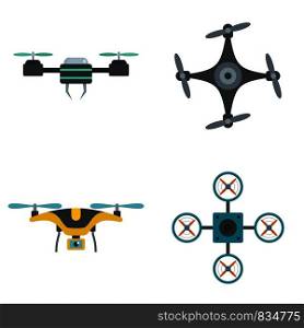 Drone delivery camera quadcopter icons set. Flat illustration of 4 drone delivery camera quadcopter vector icons isolated on white. Drone camera quadcopter icons set, flat style