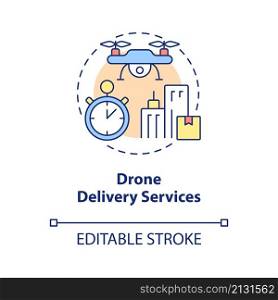 Drone delivery services concept icon. Shipping technology abstract idea thin line illustration. Isolated outline drawing. Editable stroke. Roboto-Medium, Myriad Pro-Bold fonts used. Drone delivery services concept icon