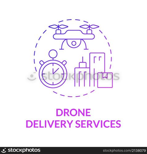 Drone delivery services purple gradient concept icon. Shipping technology and devices abstract idea thin line illustration. Isolated outline drawing. Roboto-Medium, Myriad Pro-Bold fonts used. Drone delivery services purple gradient concept icon