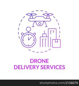 Drone delivery services purple gradient concept icon. Shipping technology and devices abstract idea thin line illustration. Isolated outline drawing. Roboto-Medium, Myriad Pro-Bold fonts used. Drone delivery services purple gradient concept icon