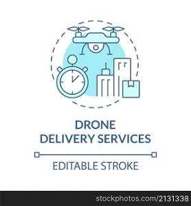 Drone delivery services turquoise concept icon. Shipping technology abstract idea thin line illustration. Isolated outline drawing. Editable stroke. Roboto-Medium, Myriad Pro-Bold fonts used. Drone delivery services turquoise concept icon