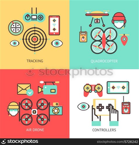 Drone design concept set isolated with tracking quadrocopter air controllers flat icons isolated vector illustration