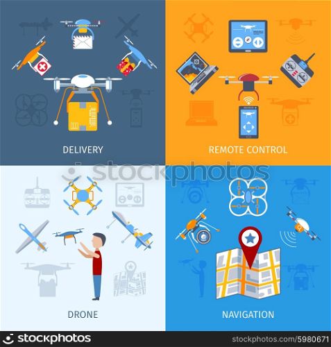 Drone design concept set with remote control flat icons isolated vector illustration. Drone Flat Set