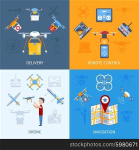 Drone design concept set with remote control flat icons isolated vector illustration. Drone Flat Set