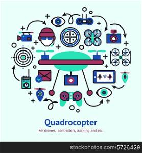 Drone design concept with unmanned spy camera quadrocopter decorative icons vector illustration