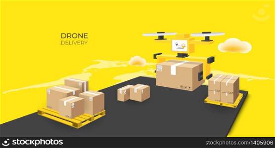 Drone express delivery with package against world map. Online service application on cloud. 3d perspective illustration