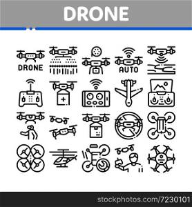 Drone Fly Quadrocopter Collection Icons Set Vector. Drone Remote Control And Smartphone Application, Helicopter And Air Plane Concept Linear Pictograms. Monochrome Contour Illustrations. Drone Fly Quadrocopter Collection Icons Set Vector