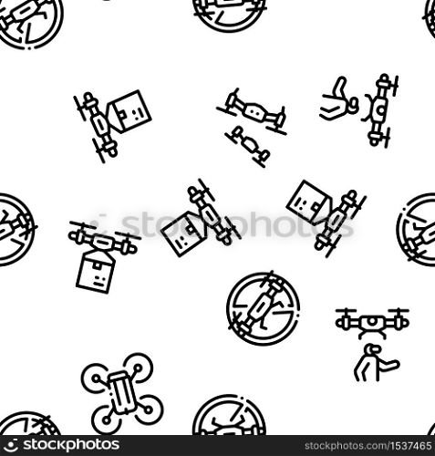 Drone Fly Quadrocopter Seamless Pattern Vector Thin Line. Illustrations. Drone Fly Quadrocopter Seamless Pattern Vector