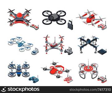 Drone flying items icons set vector isolated isometric 3d. Objects small helicopters innovative modern robots on remote control. Aerial propellers. Drone Flying Items Icons Set Vector Illustration