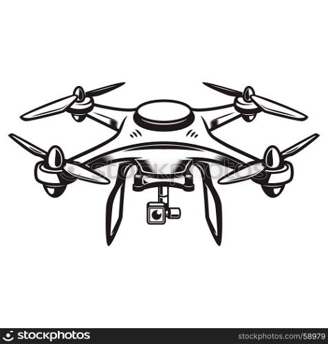 Drone illustration isolated on white background. Quadcopter icon. Design element for logo, label, emblem, sign. Vector illustration