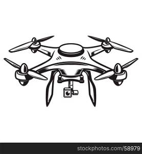 Drone illustration isolated on white background. Quadcopter icon. Design element for logo, label, emblem, sign. Vector illustration